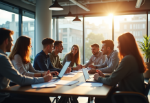 Espace de bureau moderne avec grande fenetre et équipe collaborative