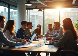Améliorer l’ambiance de travail : levier de performance durable Espace de bureau moderne avec grande fenetre et équipe collaborative