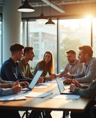 Espace de bureau moderne avec grande fenetre et équipe collaborative