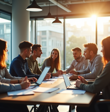 Espace de bureau moderne avec grande fenetre et équipe collaborative