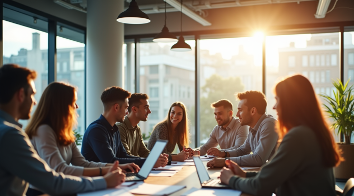 Espace de bureau moderne avec grande fenetre et équipe collaborative