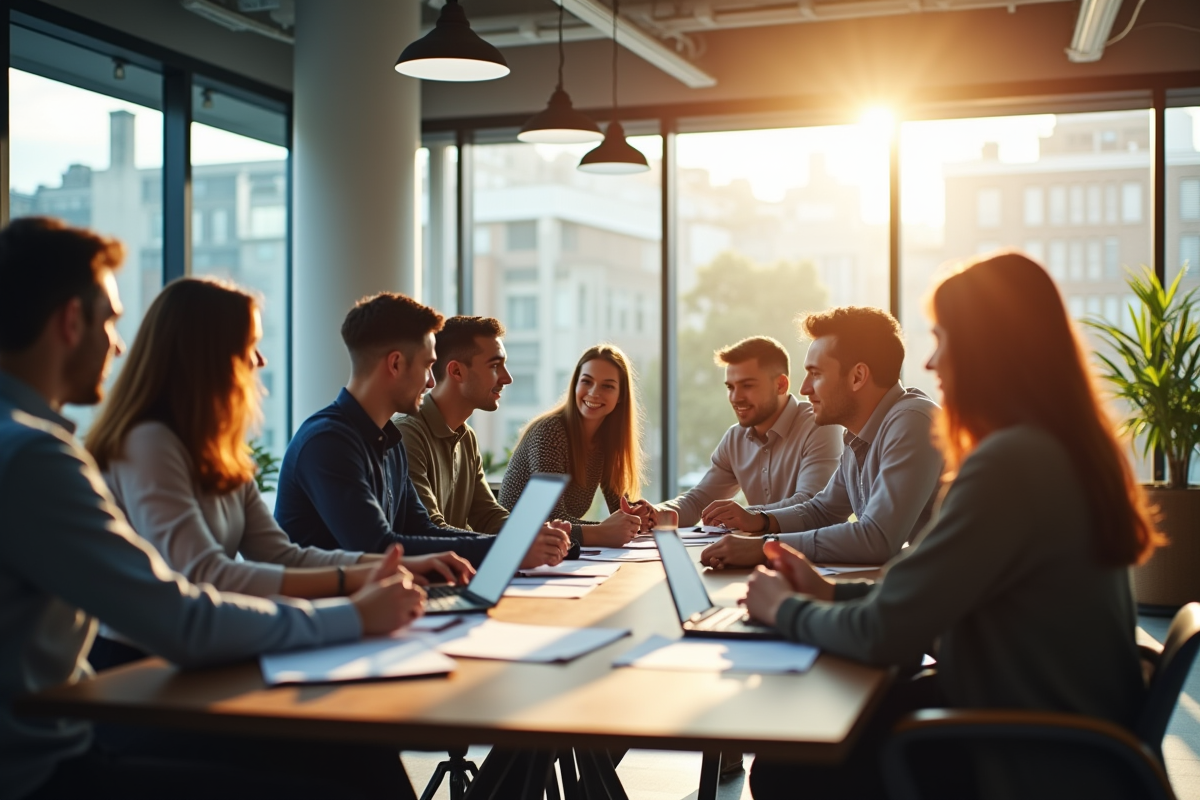 Espace de bureau moderne avec grande fenetre et équipe collaborative