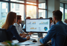 Espace de travail moderne avec collaboration autour d'un écran ERP