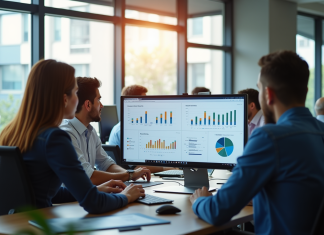 Espace de travail moderne avec collaboration autour d'un écran ERP
