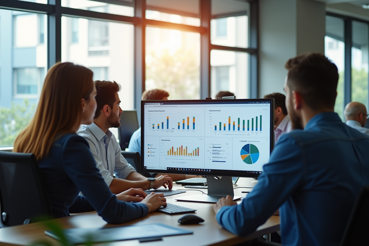 Espace de travail moderne avec collaboration autour d'un écran ERP