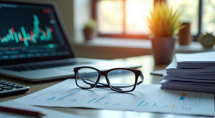 Bureau moderne avec ordinateur et graphiques financiers