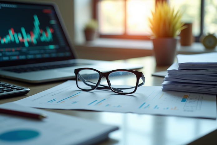 bureau-travail-finance Bureau moderne avec ordinateur et graphiques financiers