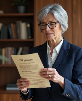 Origine de la Responsabilité Sociétale des Entreprises et ses pionniers : tout savoir Une femme d'affaires âgée examine un document vintage CSR