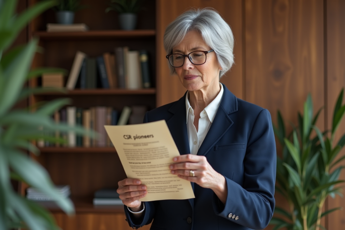 cadre-affaire-vieux-documents Une femme d'affaires âgée examine un document vintage CSR