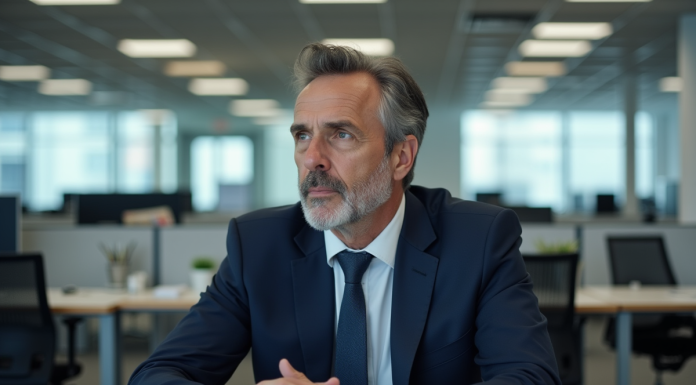 Homme d'affaires en costume dans un bureau vide