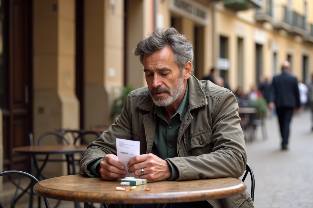 Homme pensif dans un café en plaza espagnole