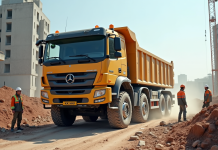 Camion de construction déchargeant des matériaux en ville