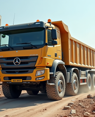Camion de construction déchargeant des matériaux en ville
