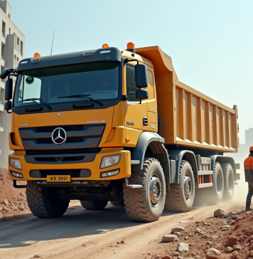 Camion de construction déchargeant des matériaux en ville
