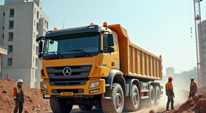 Camion de construction déchargeant des matériaux en ville