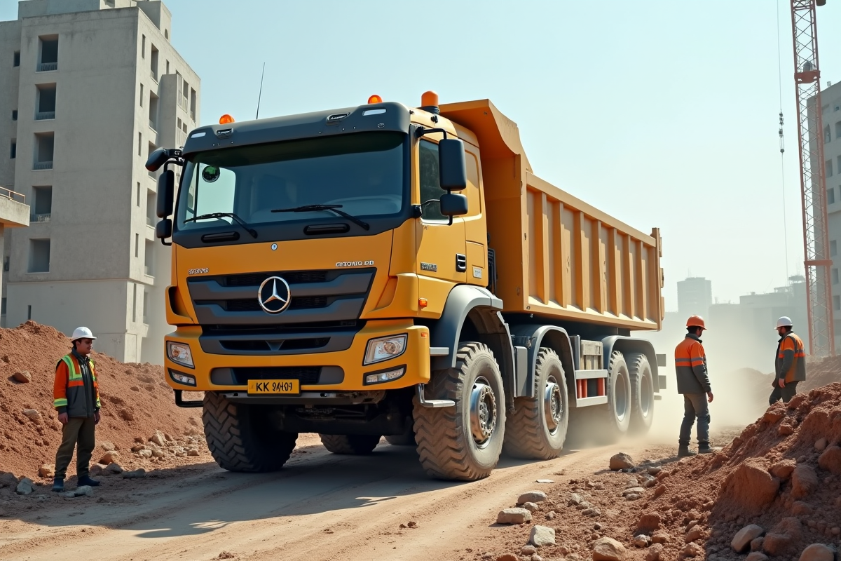 Camion de construction déchargeant des matériaux en ville