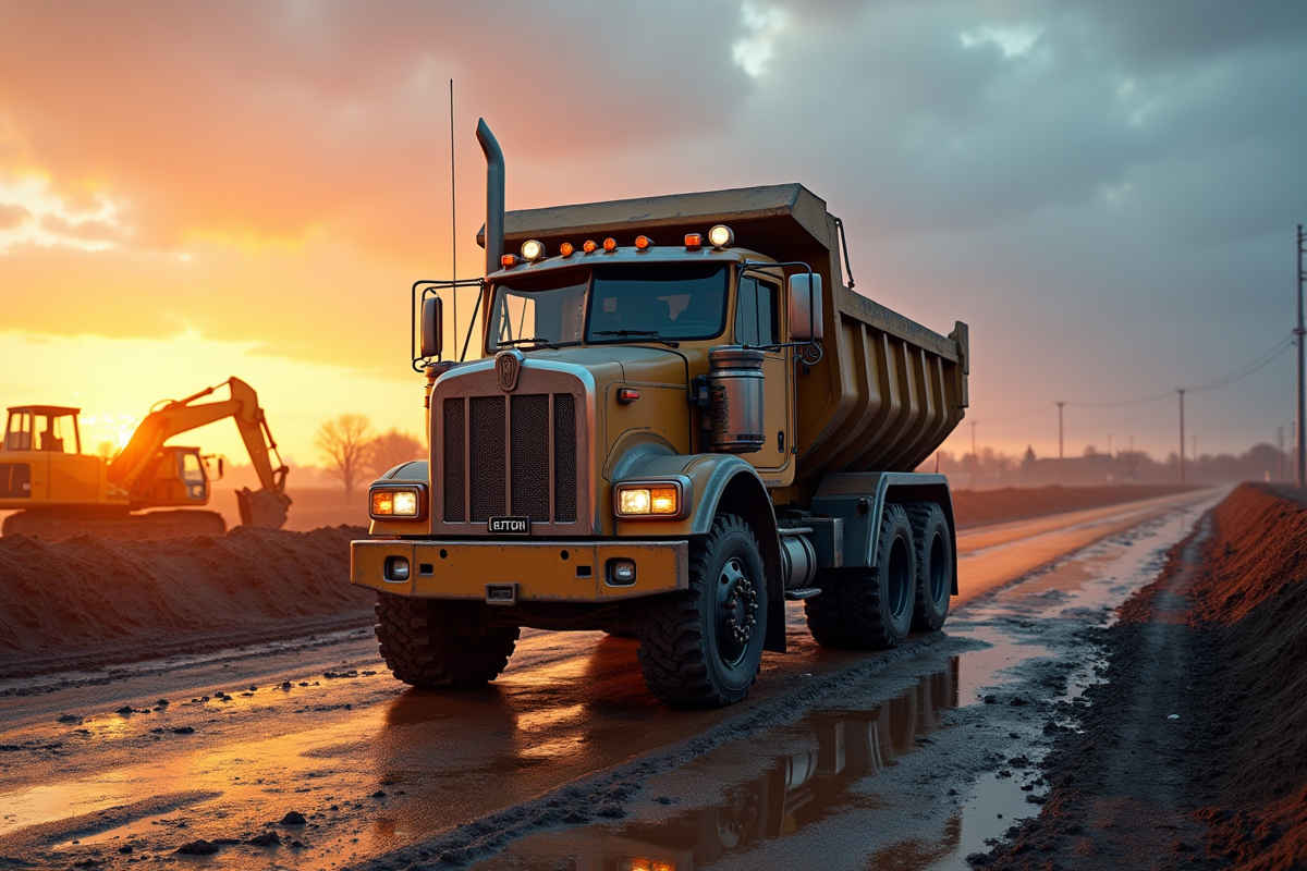 Camion robuste sur terrain boueux au lever du soleil