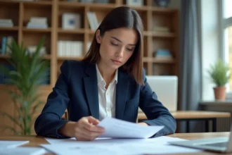 Femme préparant sa candidature à la mairie sans concours de la fonction publique à son bureau à domicile