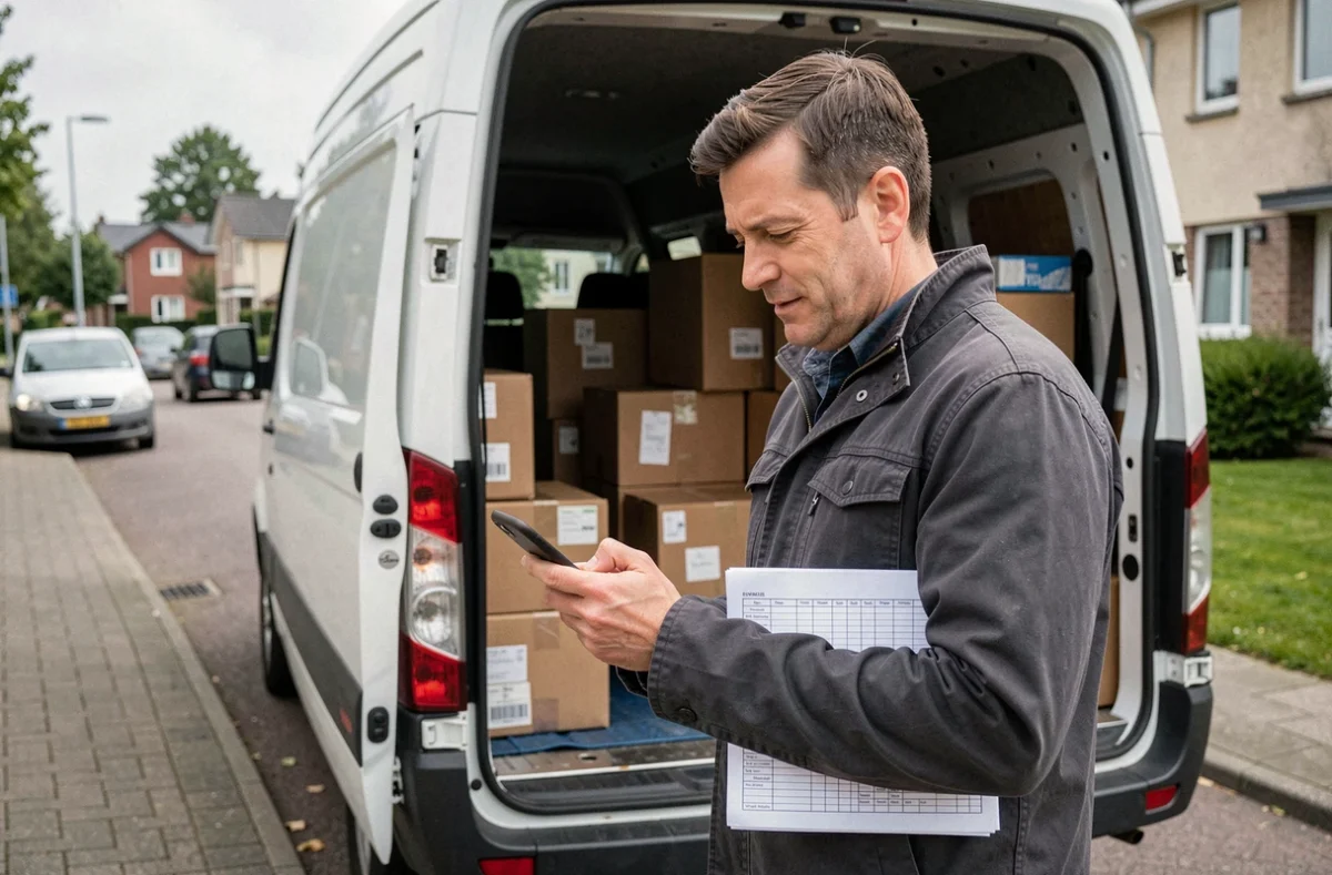 Chauffeur-livreur consultant son smartphone pour optimiser les avis de passage et réduire les coûts cachés de livraison