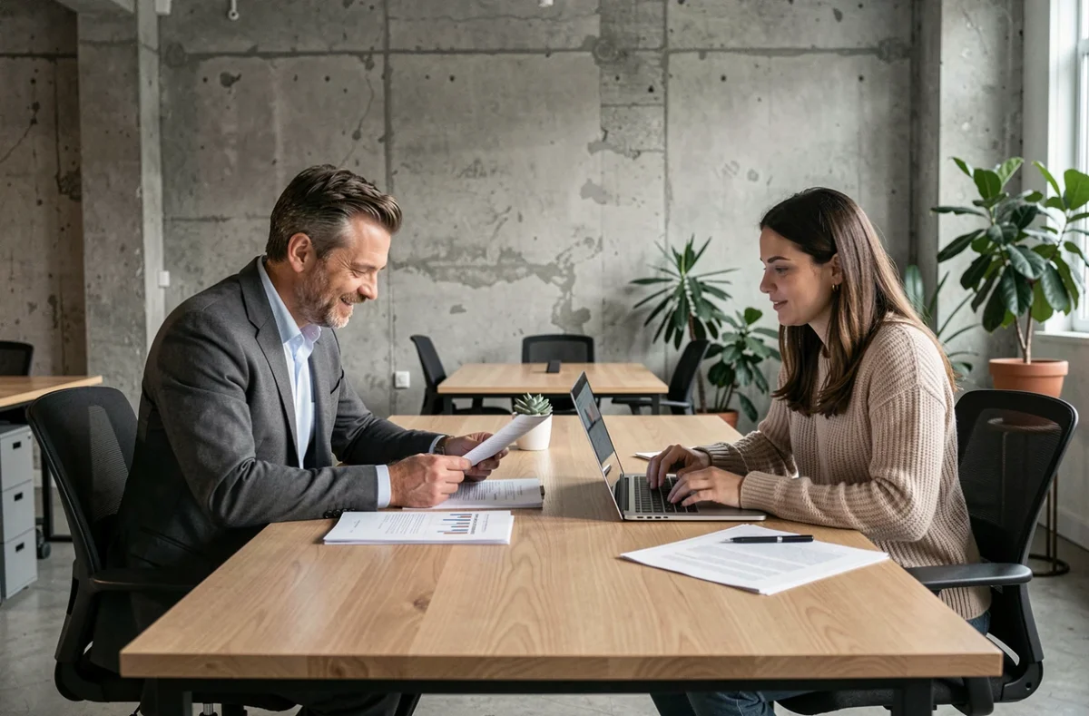 Chauffeur VTC et conseillère en portage salarial examinant un contrat dans un espace de coworking moderne, symbolisant l'accompagnement administratif des indépendants