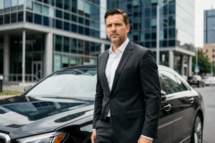 Chauffeur VTC professionnel en costume sombre debout devant une berline noire en milieu urbain, illustrant le statut indépendant et le portage salarial