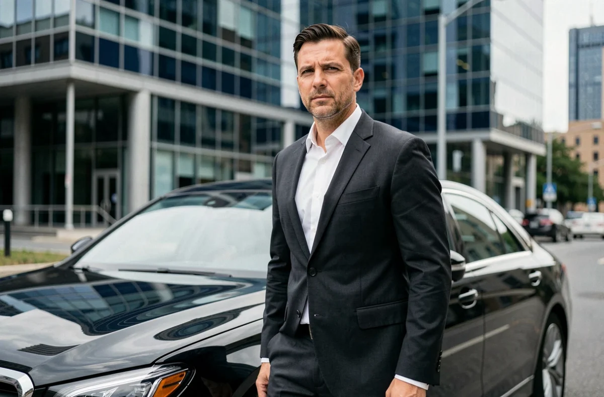 Chauffeur VTC professionnel en costume sombre debout devant une berline noire en milieu urbain, illustrant le statut indépendant et le portage salarial