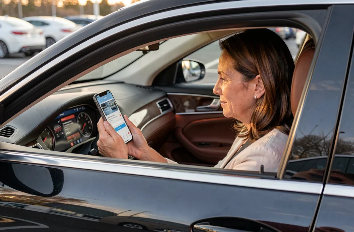 Chauffeuse VTC indépendante consultant une application de mise en relation sur son smartphone dans son véhicule, évoquant la gestion administrative du portage salarial