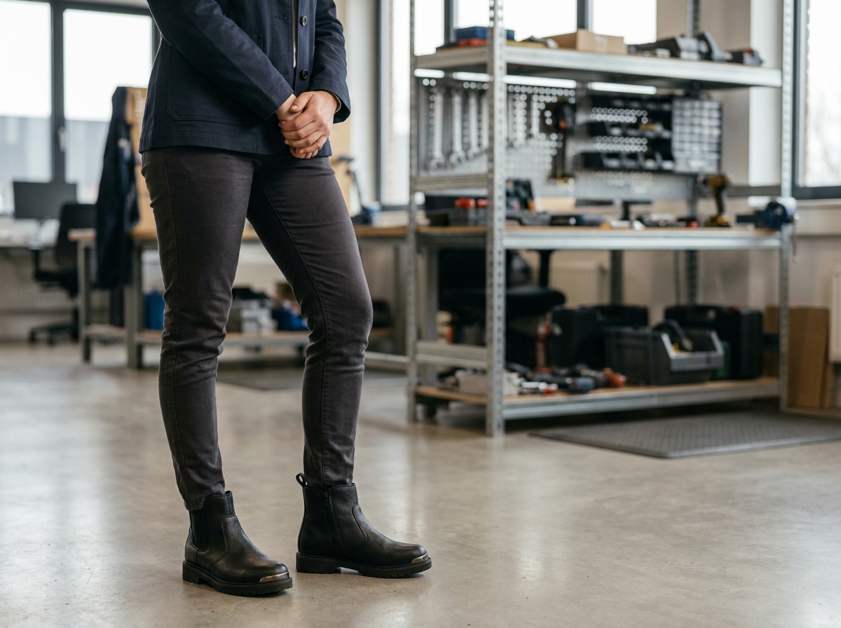 Femme portant des chaussures de sécurité élégantes style bottines noires dans un environnement de travail industriel moderne