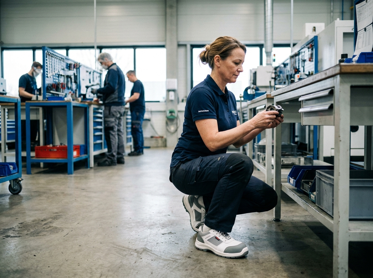 Femme technicienne agenouillée en atelier portant des chaussures de sécurité design style sneakers blanches