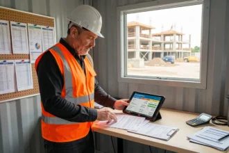 Chef de chantier analysant les coûts de main-d'œuvre sur tablette et documents imprimés dans un bureau de chantier BTP