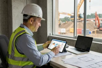 Chef de chantier consultant un tableau de bord de gestion des leads sur tablette dans un bureau avec vue sur chantier