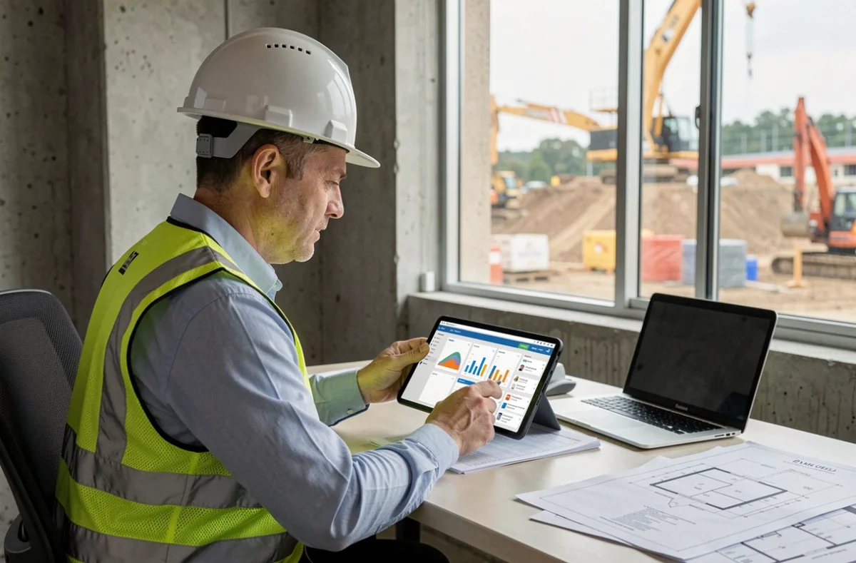 Chef de chantier consultant un tableau de bord de gestion des leads sur tablette dans un bureau avec vue sur chantier