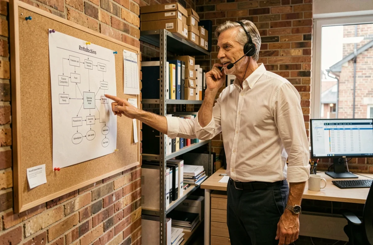Chef d'entreprise PME expliquant un organigramme de processus métier dans un bureau opérationnel