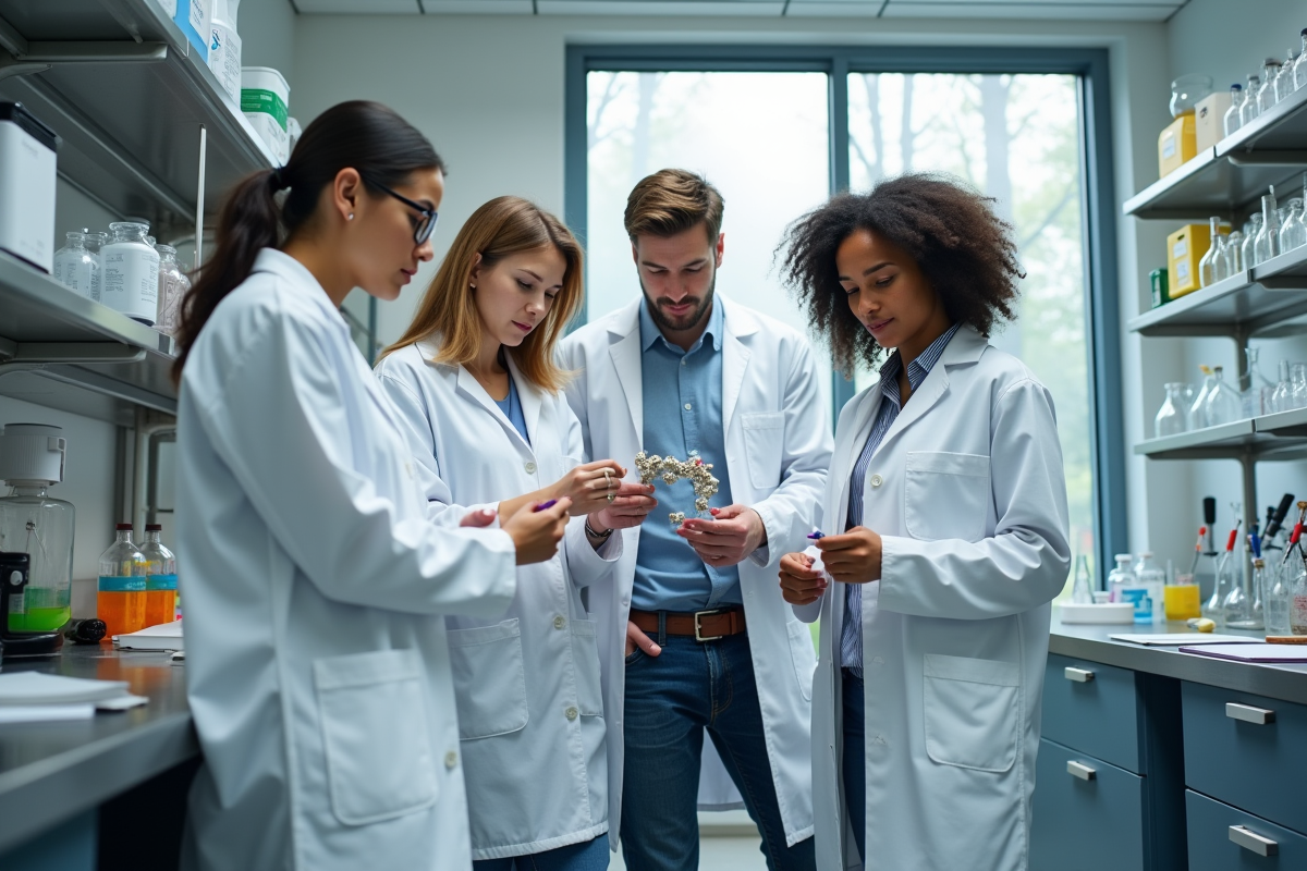 Jeunes chercheurs discutant en laboratoire moderne