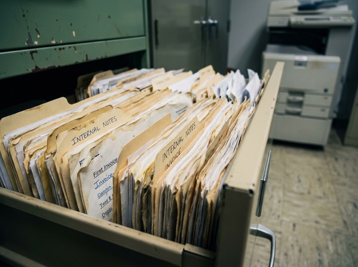Un classeur ouvert débordant de dossiers non classifiés et de documents internes imprimés dans une salle d'archives d'entreprise, illustrant les risques de sécurité liés aux données papier non sécurisées