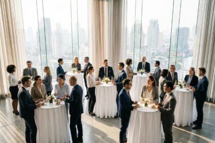 Cocktail déjeunatoire d'entreprise avec des professionnels en tenue de ville échangeant autour de tables hautes dans une salle de conférence moderne avec vue sur la ville