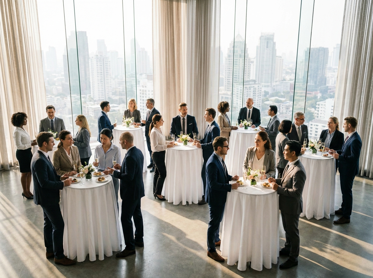 Cocktail déjeunatoire d'entreprise avec des professionnels en tenue de ville échangeant autour de tables hautes dans une salle de conférence moderne avec vue sur la ville