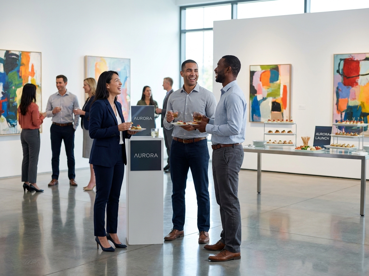 Cocktail déjeunatoire pour un lancement de produit dans une galerie d'art contemporaine avec des professionnels en tenue décontractée chic autour de plateaux de canapés
