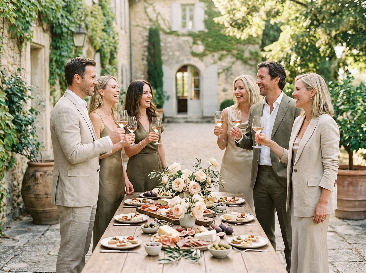 Cocktail déjeunatoire en plein air dans un domaine de campagne français pour célébrer un anniversaire, avec des invités élégants autour de tables garnies de mets raffinés