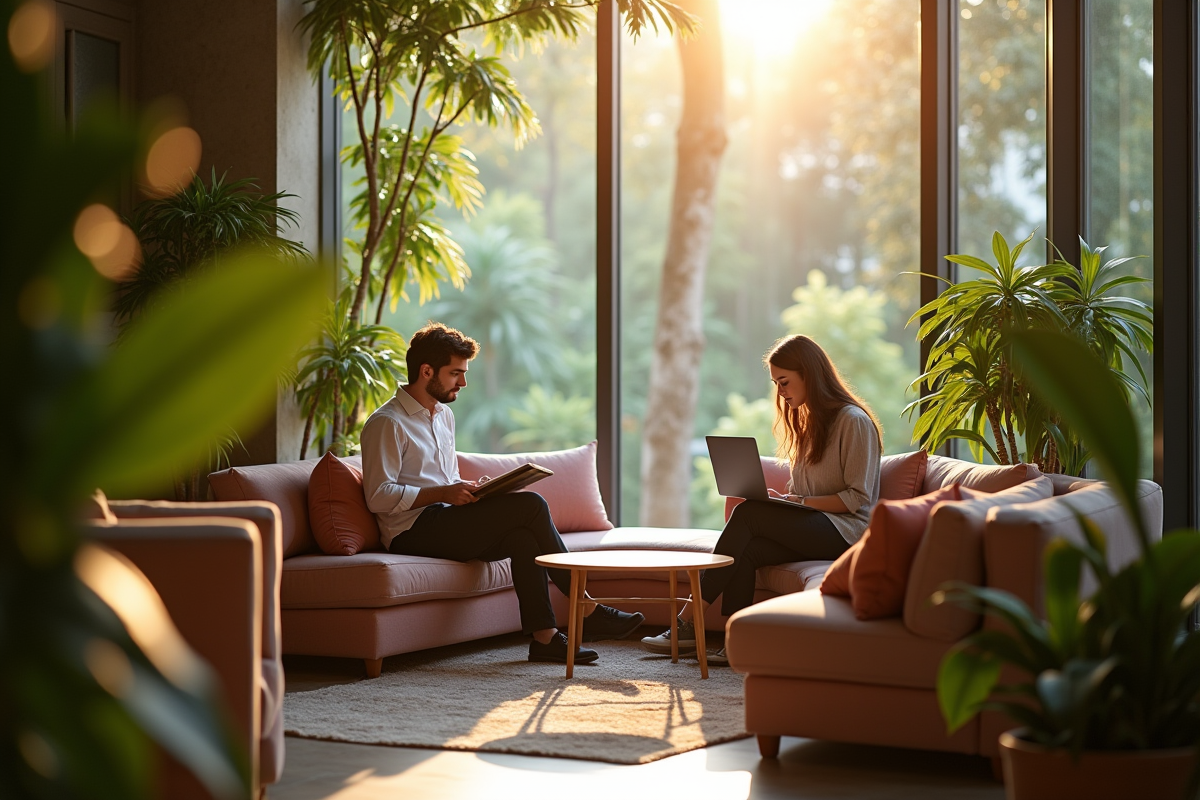 Espace de détente avec plantes vertes et personnes travaillant