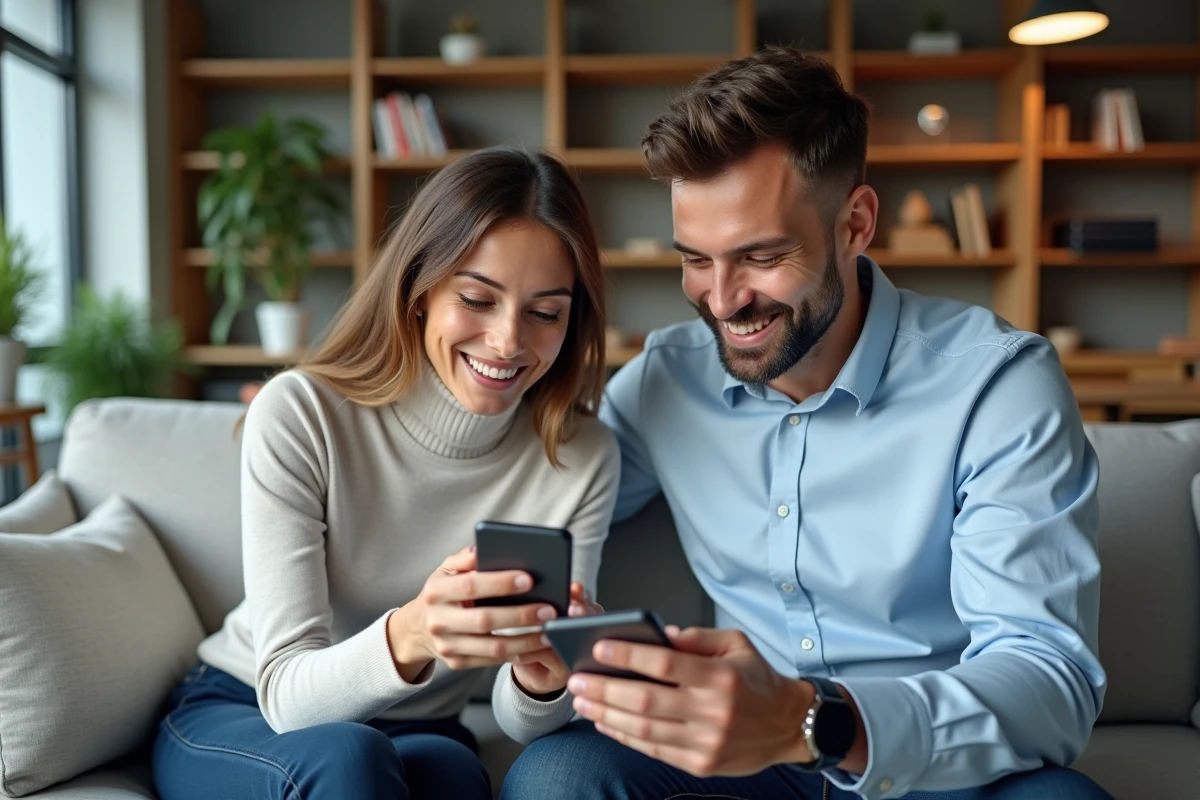 Deux collègues utilisant ensemble l'application CSE Advango billetterie sur smartphone dans un espace de travail moderne