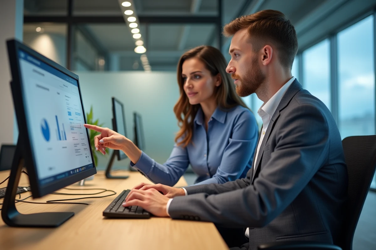 Deux collègues collaborant sur le logiciel douanier Prodouane dans un open space moderne