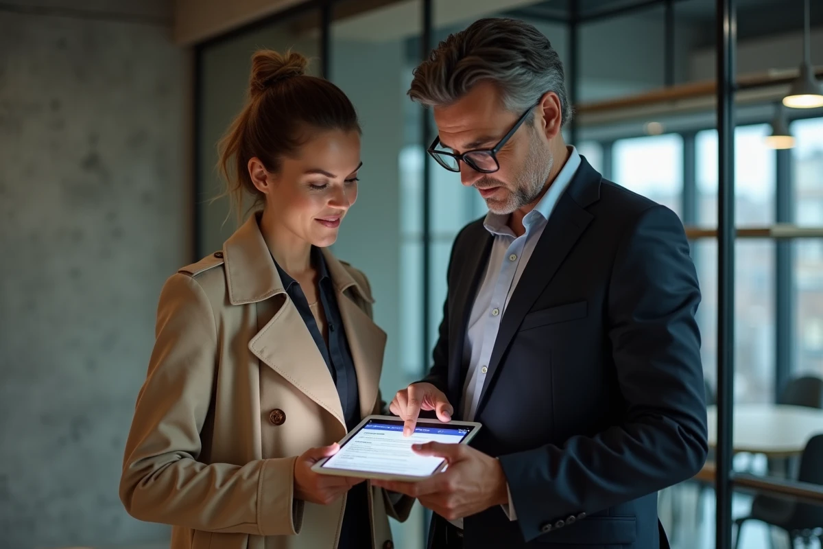 Deux collègues en réunion consultant un registre officiel d'entreprise sur une tablette pour vérifier un Kbis