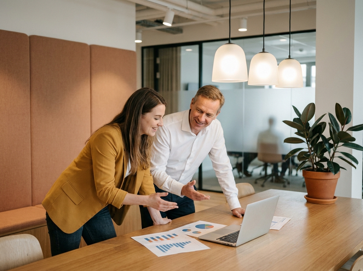 Deux collègues en discussion dans un espace de travail collaboratif avec un éclairage chaleureux, soulignant l'influence de la lumière sur la dynamique d'équipe