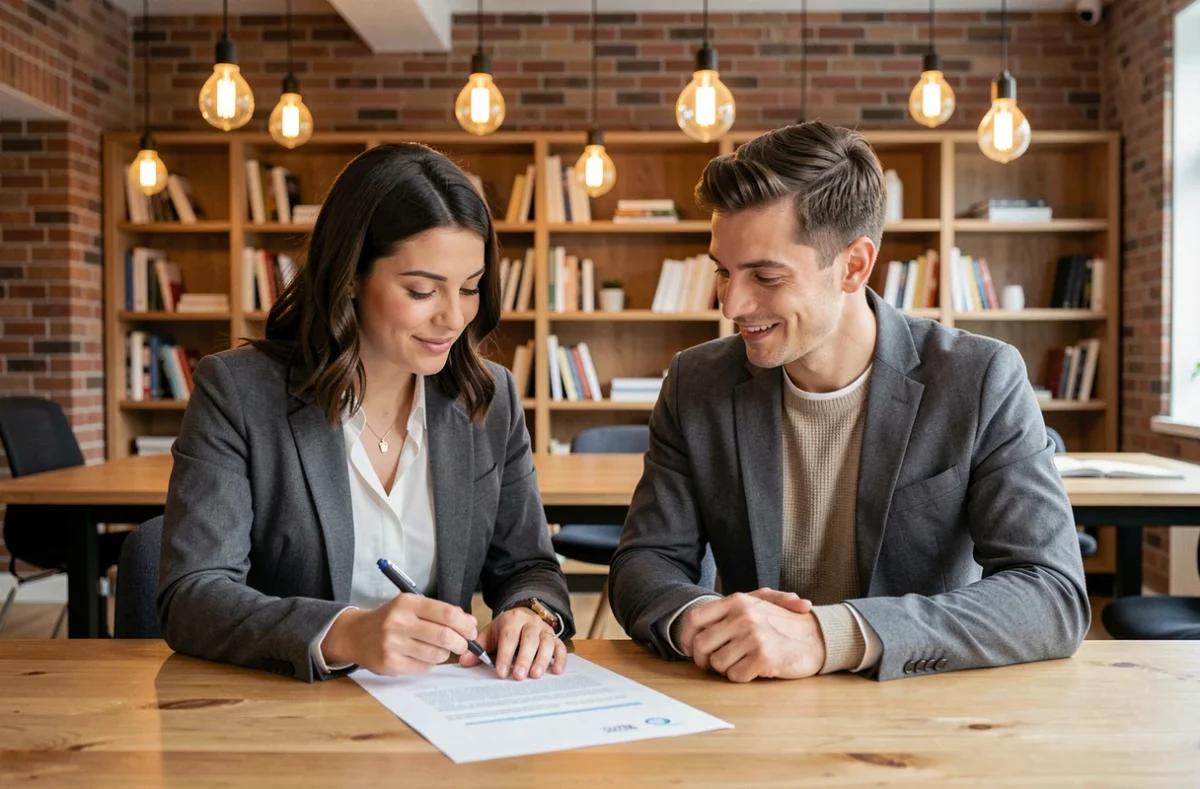 Deux collègues examinant ensemble une lettre professionnelle dans un espace de coworking moderne et convivial