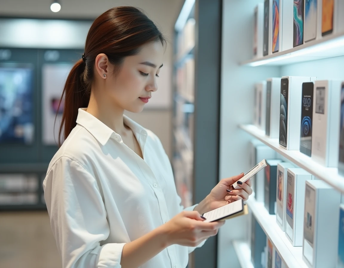 Jeune femme comparant les dimensions en pouces et en centimètres sur des emballages de smartphones dans un magasin électronique