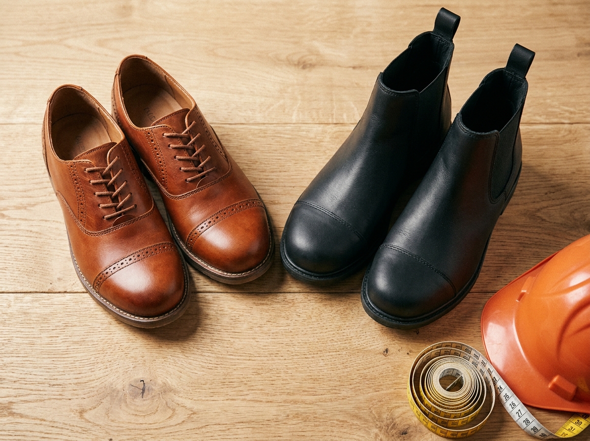 Comparaison de deux modèles de chaussures de sécurité féminines élégantes style Oxford et Chelsea boot sur fond bois