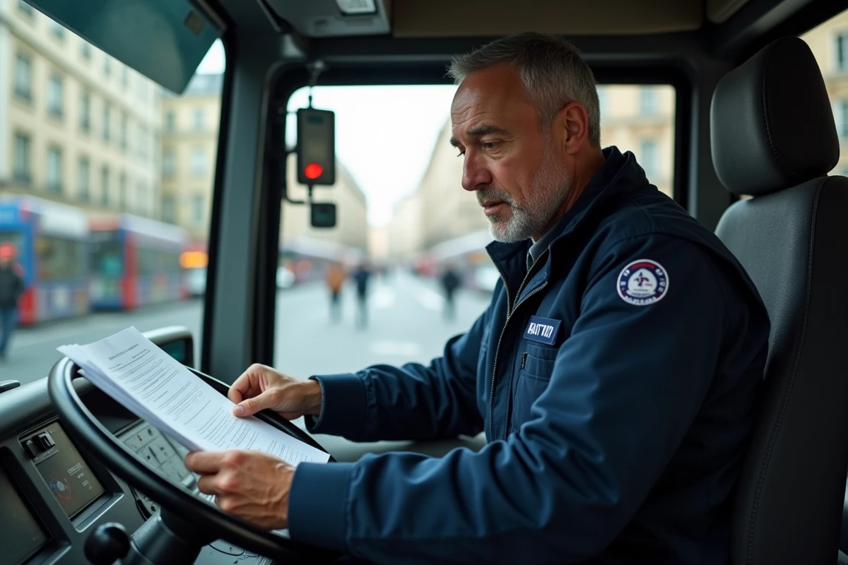 Conducteur de bus RATP en uniforme consultant des documents dans sa cabine, illustrant les perspectives professionnelles des salariés RATP en 2026