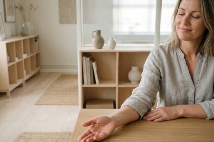 Femme glissant la paume sur une surface en bois poli dans un bureau minimaliste, illustrant le confort tactile des surfaces lisses