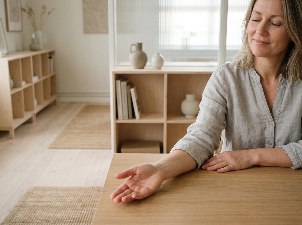 Femme glissant la paume sur une surface en bois poli dans un bureau minimaliste, illustrant le confort tactile des surfaces lisses